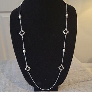 Long Clover Design Necklace With Czs and Pearls